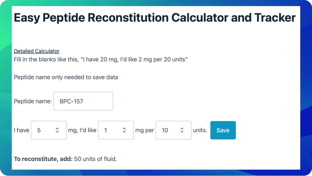 Example of using reconstitution calculator for BPC-157